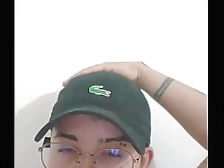 shemale in stockings fucks herself with a dildo