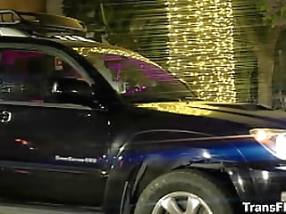 tattooed ladyboy in black bra plays with shecock and jizzes