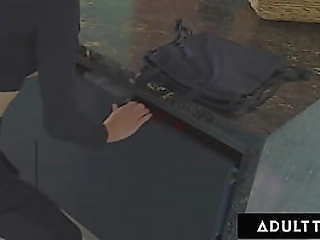 adult time - big tits trans burglar settles for threesome instead of loot!