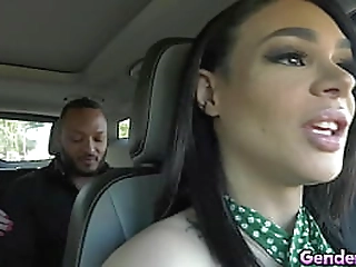 busty shemale with inked nipps playing with her ass and cock