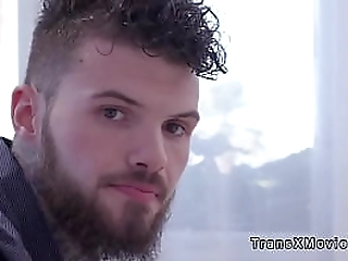 busty trans gets big cock up his ass on the sofa